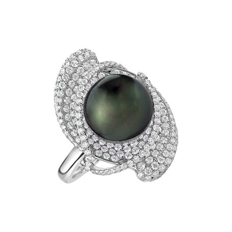 Prsten s perlou a diamanty Midnight Pearl