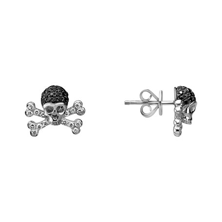 Náušnice s bílými a černými diamanty Luxury Skull